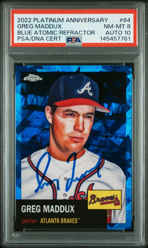 Greg Maddux 2022 Topps Chrome Platinum Anniversary Blue Atomic Refractor Atlanta Braves Signed Baseball Card #64 Graded PSA 8 Auto 10 Serial #58/100 Cert #145457761-Powers Sports Memorabilia