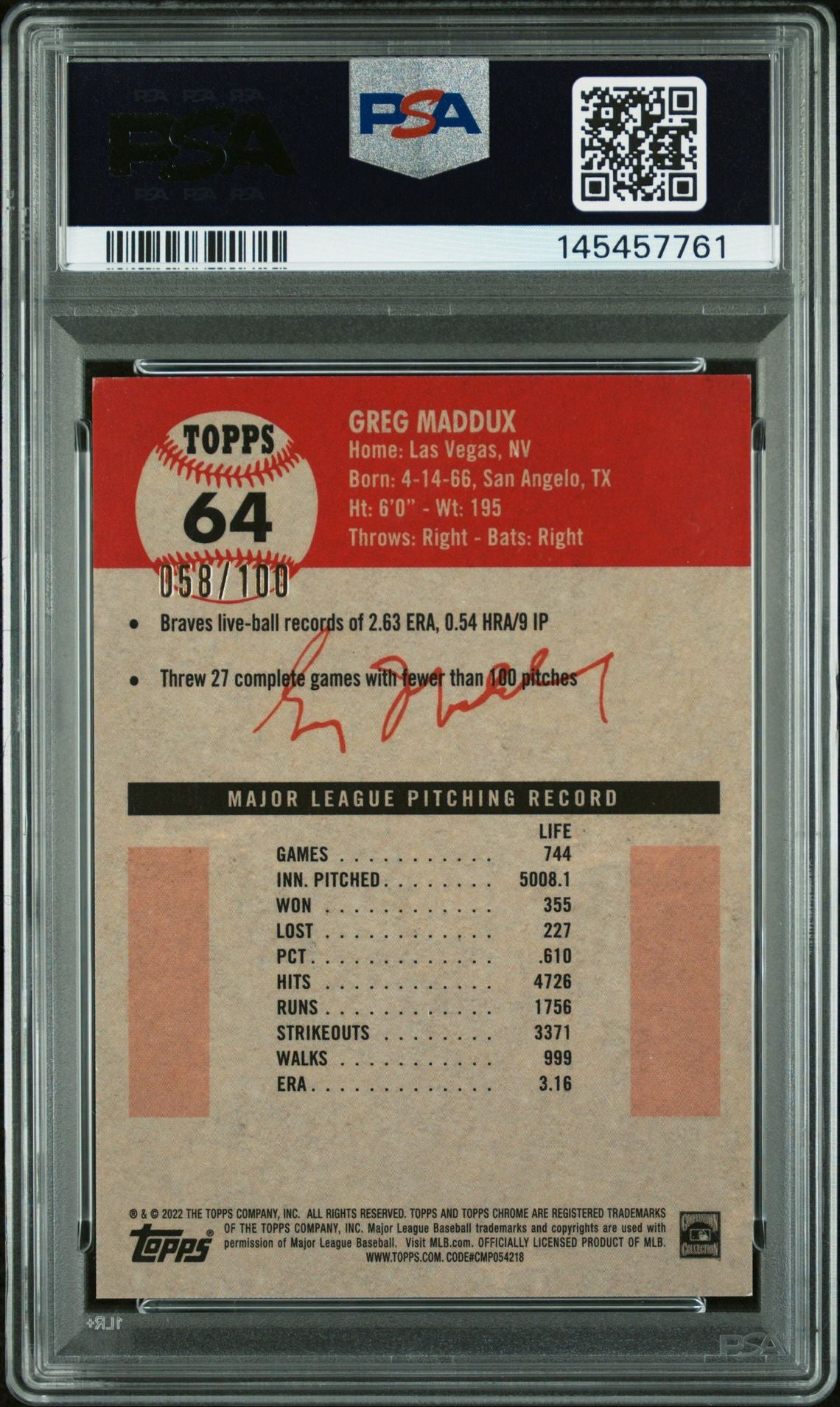 Greg Maddux 2022 Topps Chrome Platinum Anniversary Blue Atomic Refractor Atlanta Braves Signed Baseball Card #64 Graded PSA 8 Auto 10 Serial #58/100 Cert #145457761-Powers Sports Memorabilia