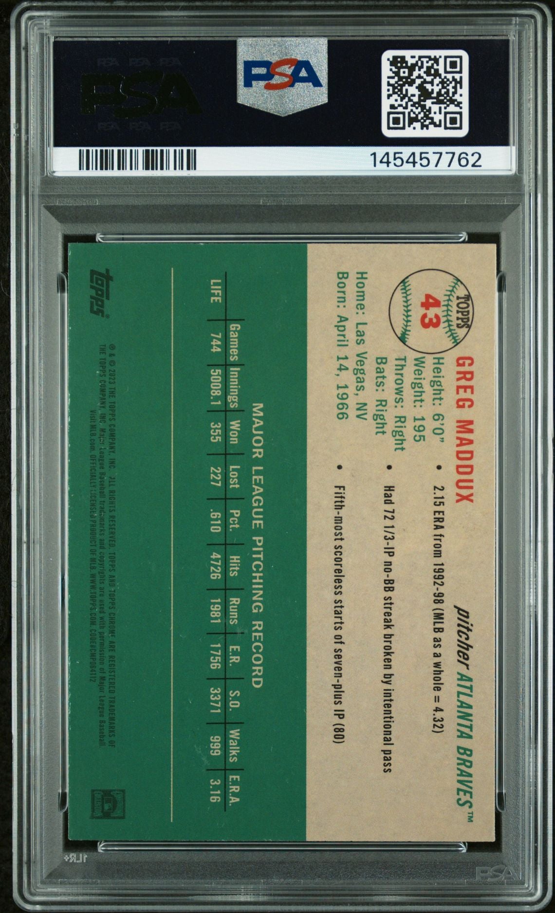Greg Maddux 2023 Topps Chrome Platinum Anniversary Blue Prism Refractor Atlanta Braves Signed Baseball Card #43 Graded PSA 10 Auto 10 Cert #145457762-Powers Sports Memorabilia