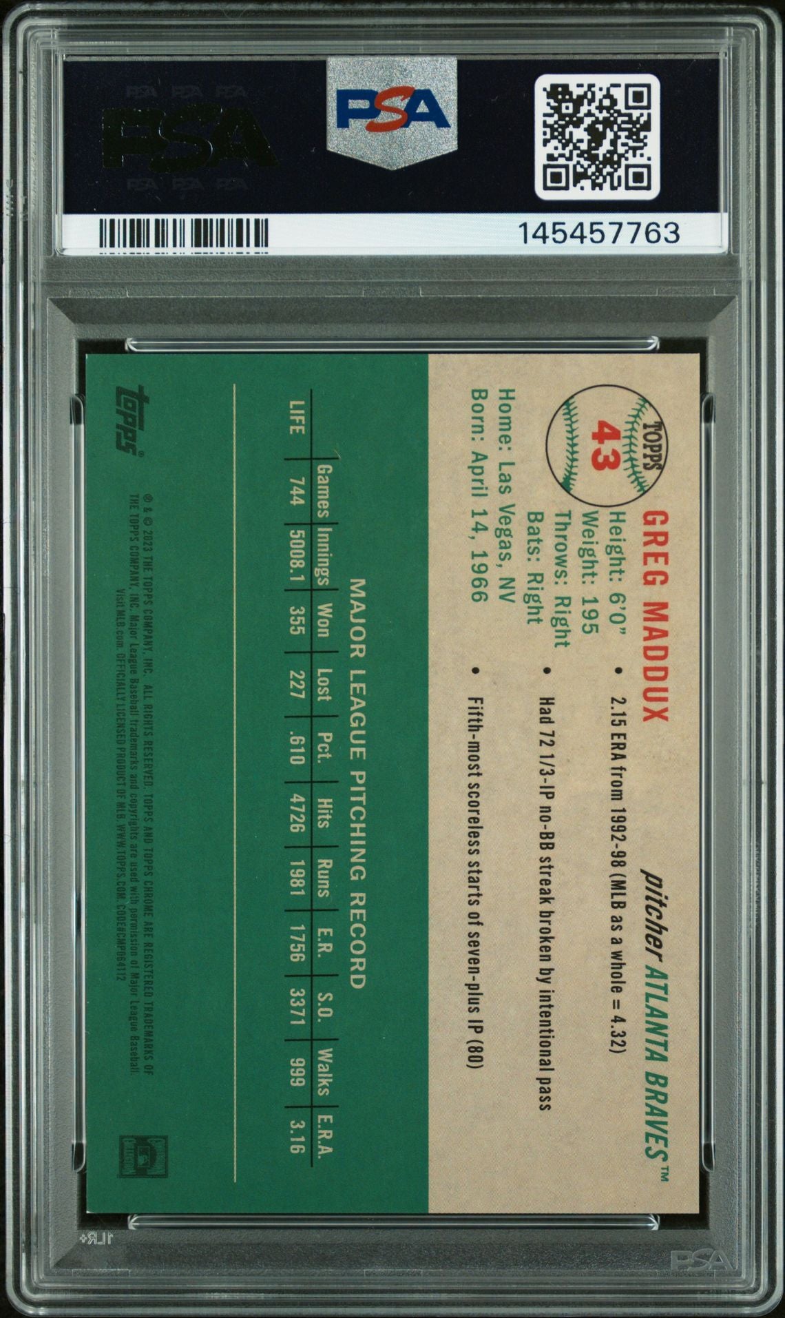 Greg Maddux 2023 Topps Chrome Platinum Anniversary Blue Mini Diamond Refractor Atlanta Braves Signed Baseball Card #43 Graded PSA 9 Auto 10 Serial #15/199 Cert #145457763-Powers Sports Memorabilia