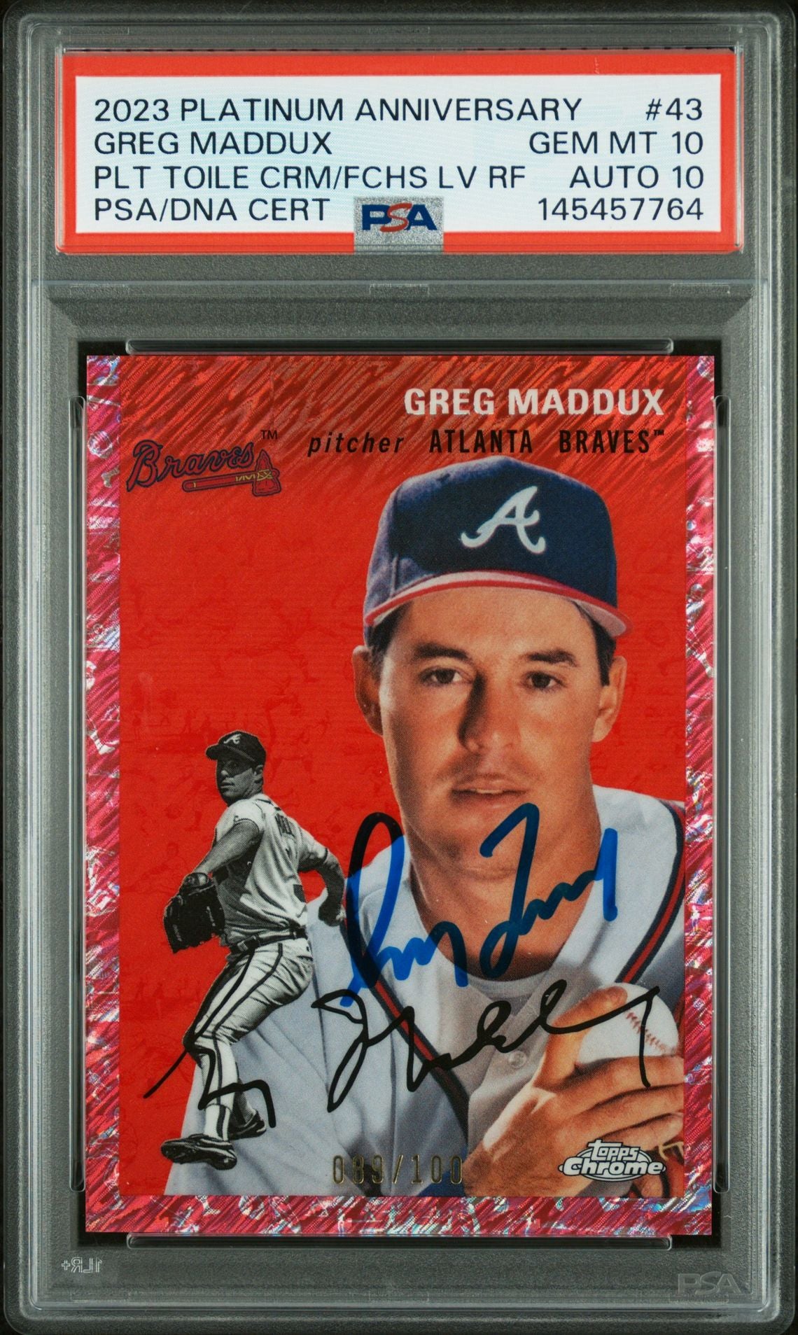 Greg Maddux 2023 Topps Chrome Platinum Anniversary Toile Cream Fuchsia Lava Refractor Atlanta Braves Signed Baseball Card #43 Graded PSA 10 Auto 10 Serial #89/100 Cert #145457764-Powers Sports Memorabilia