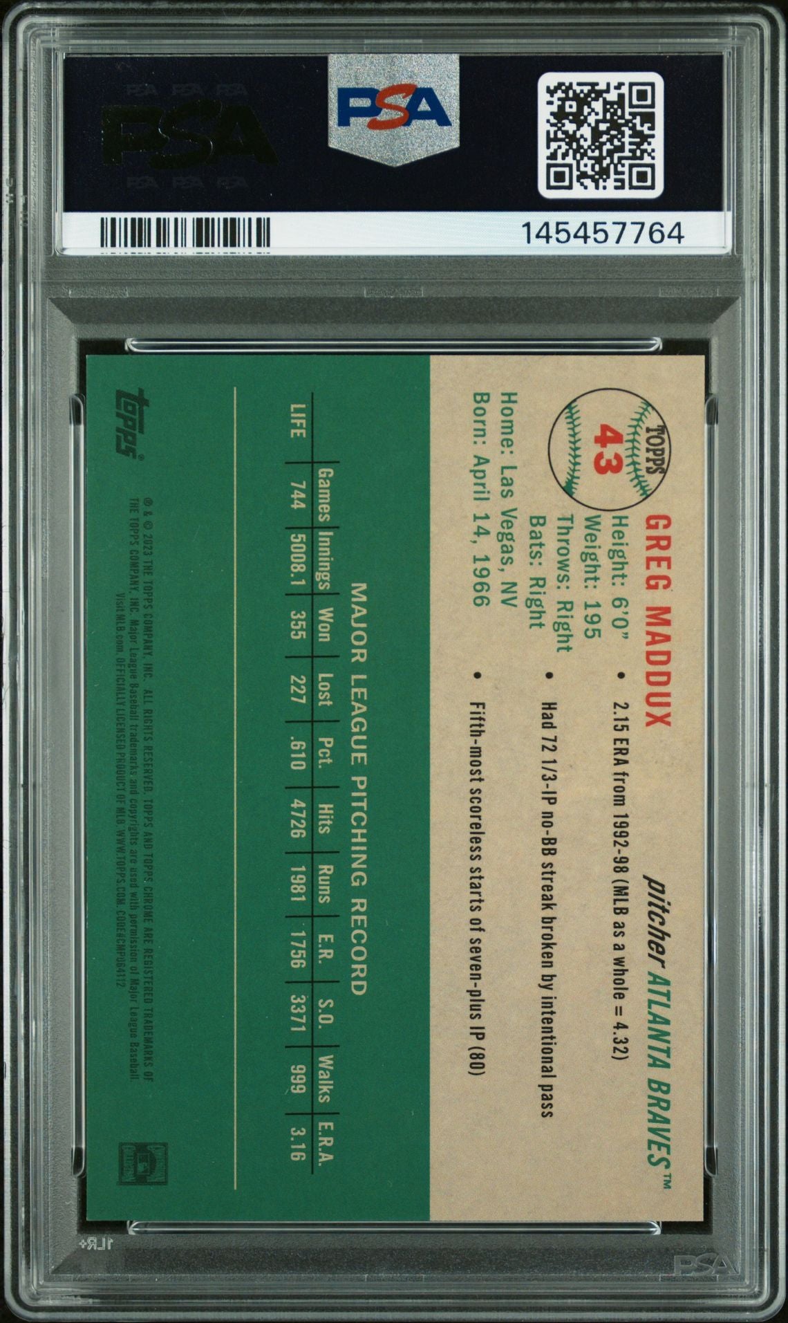 Greg Maddux 2023 Topps Chrome Platinum Anniversary Toile Cream Fuchsia Lava Refractor Atlanta Braves Signed Baseball Card #43 Graded PSA 10 Auto 10 Serial #89/100 Cert #145457764-Powers Sports Memorabilia