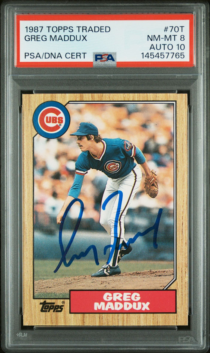 Greg Maddux 1987 Topps Traded Chicago Cubs Signed Baseball RC Rookie Card #70T Graded PSA 8 Auto 10 Cert #145457765-Powers Sports Memorabilia