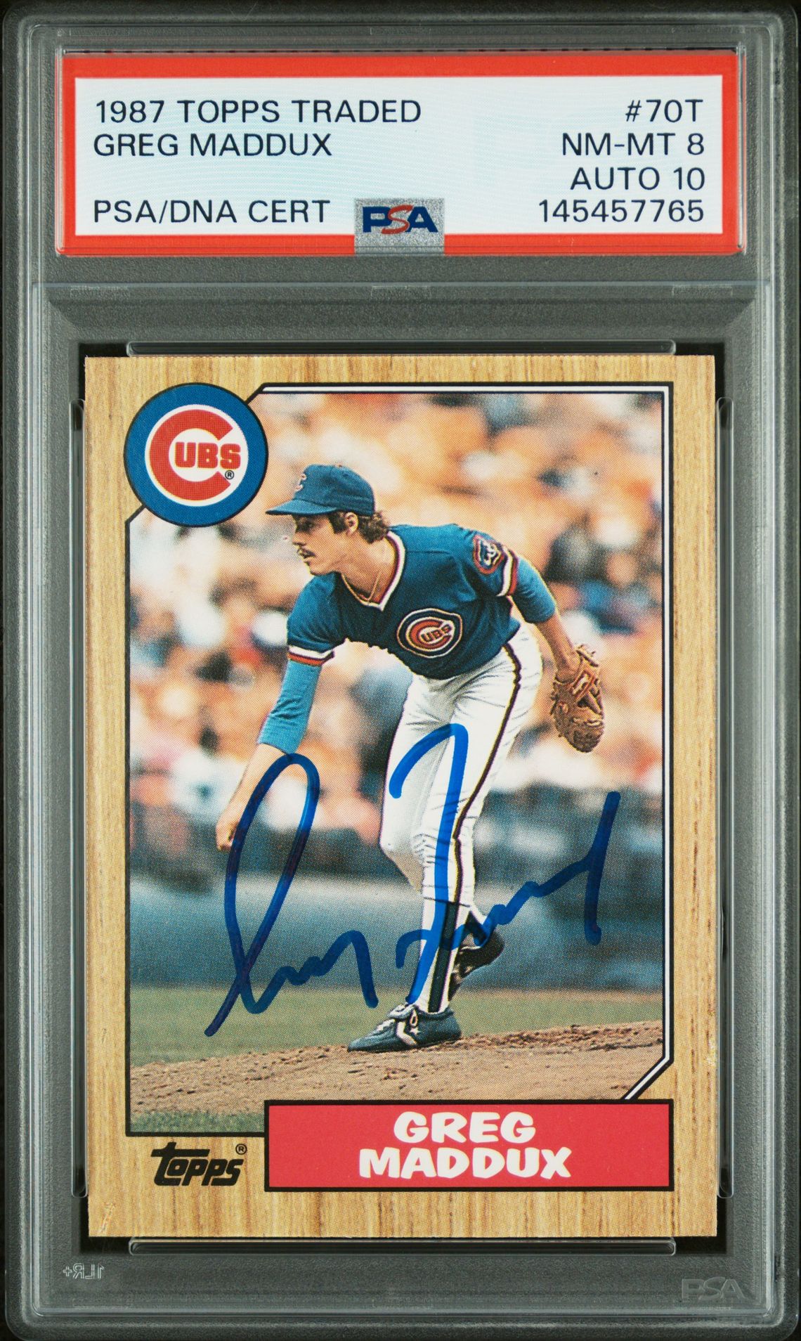 Greg Maddux 1987 Topps Traded Chicago Cubs Signed Baseball RC Rookie Card #70T Graded PSA 8 Auto 10 Cert #145457765-Powers Sports Memorabilia