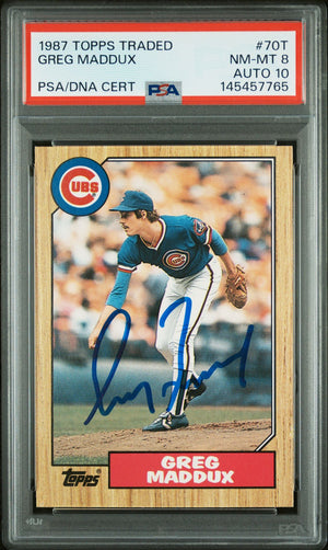 Greg Maddux 1987 Topps Traded Chicago Cubs Signed Baseball RC Rookie Card #70T Graded PSA 8 Auto 10 Cert #145457765-Powers Sports Memorabilia