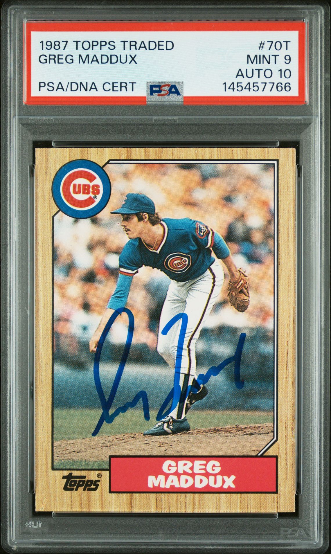 Greg Maddux 1987 Topps Traded Chicago Cubs Signed Baseball RC Rookie Card #70T Graded PSA 9 Auto 10 Cert #145457766-Powers Sports Memorabilia