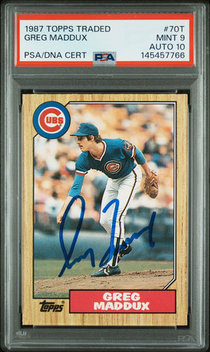 Greg Maddux 1987 Topps Traded Chicago Cubs Signed Baseball RC Rookie Card #70T Graded PSA 9 Auto 10 Cert #145457766-Powers Sports Memorabilia