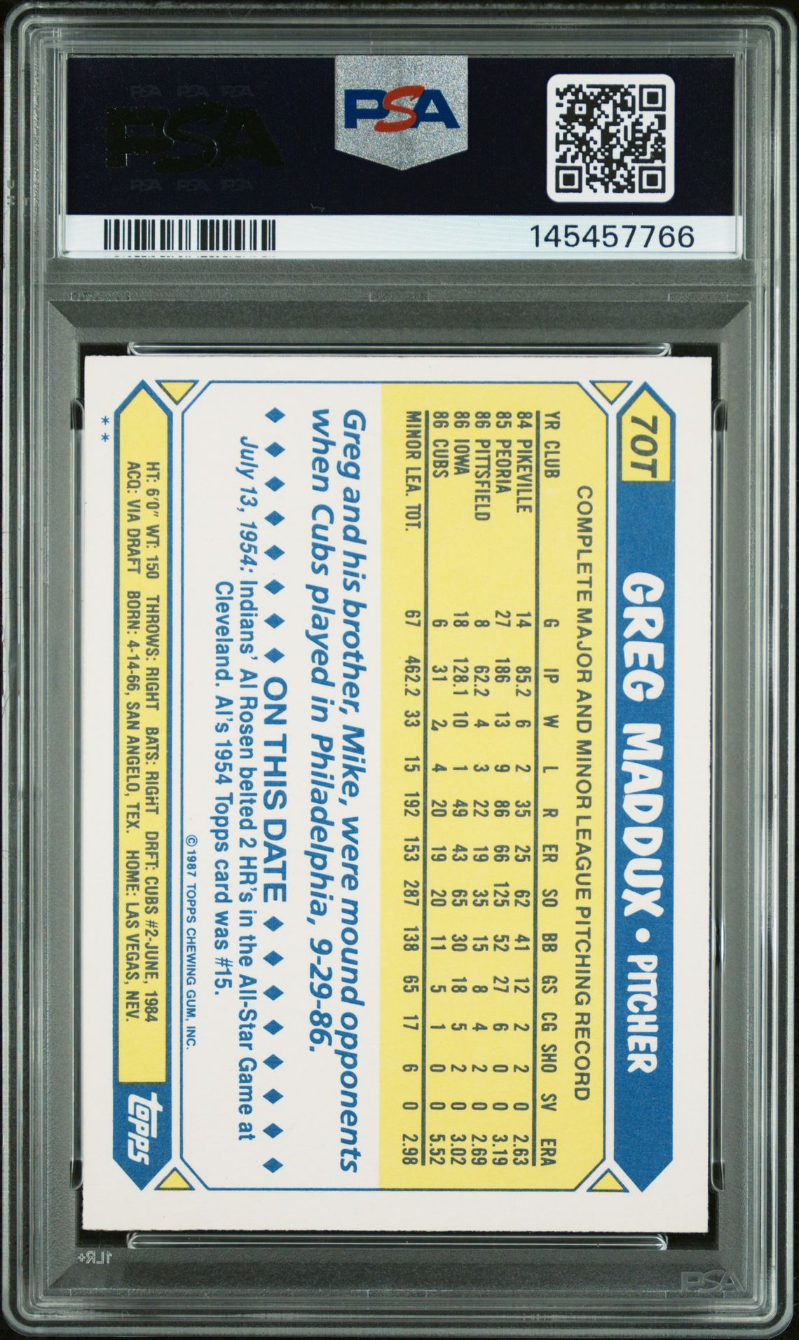 Greg Maddux 1987 Topps Traded Chicago Cubs Signed Baseball RC Rookie Card #70T Graded PSA 9 Auto 10 Cert #145457766-Powers Sports Memorabilia