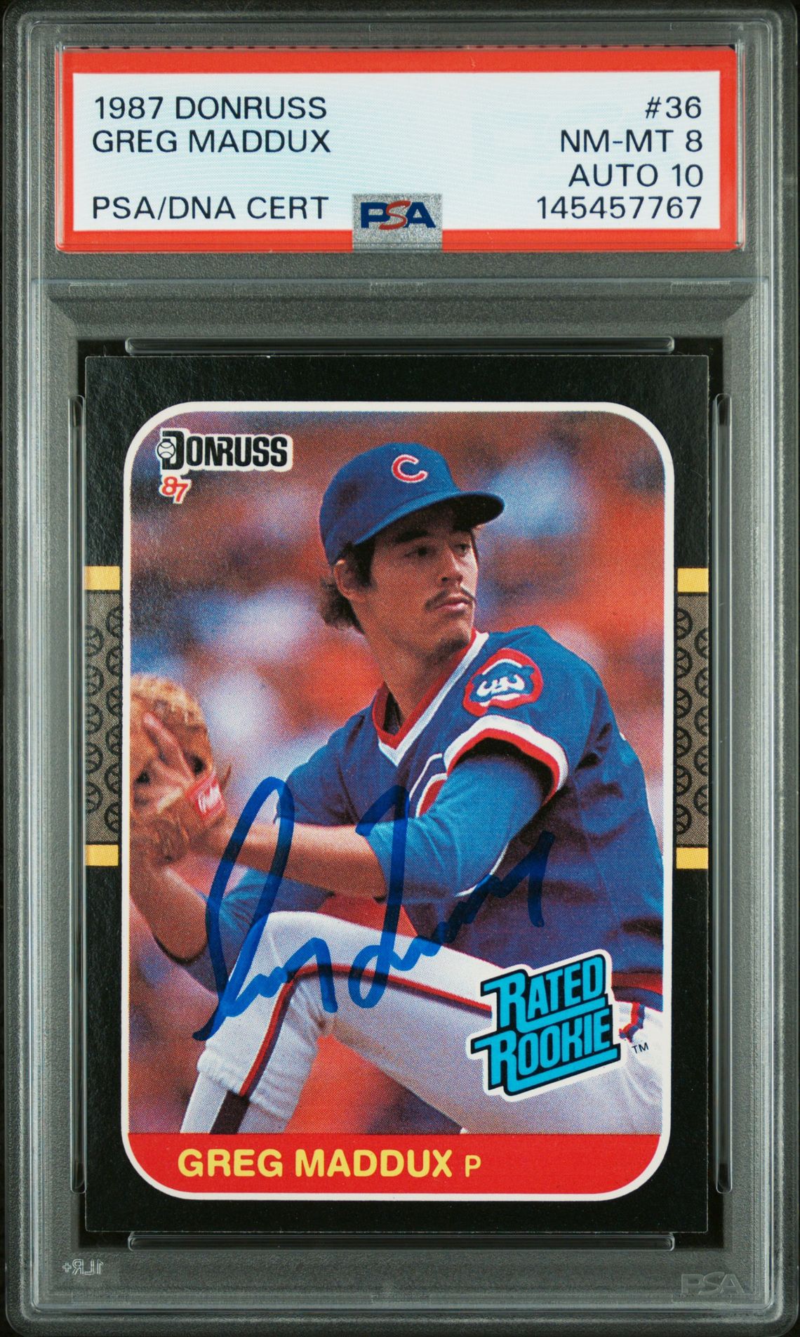 Greg Maddux 1987 Donruss Rated Rookie Chicago Cubs Signed Baseball RC Rookie Card #36 Graded PSA 8 Auto 10 Cert #145457767-Powers Sports Memorabilia