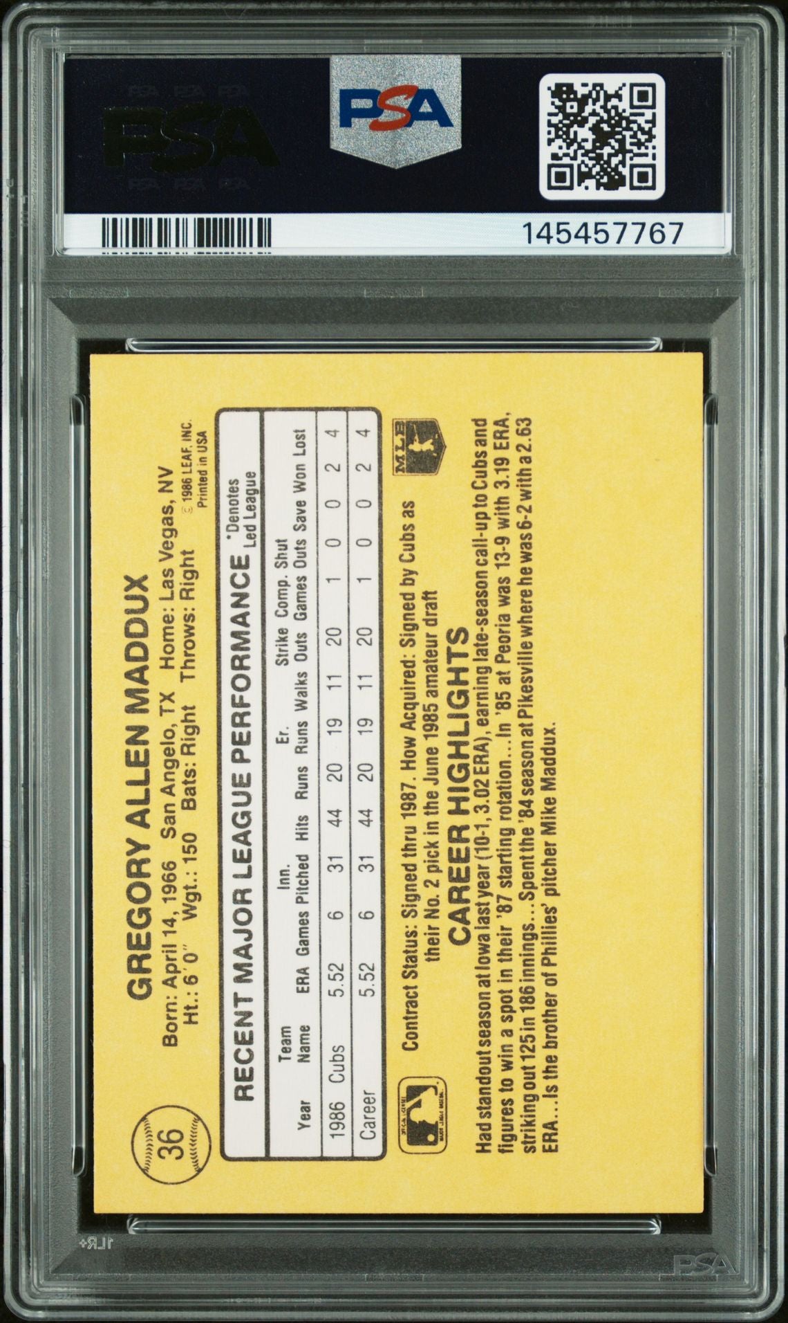 Greg Maddux 1987 Donruss Rated Rookie Chicago Cubs Signed Baseball RC Rookie Card #36 Graded PSA 8 Auto 10 Cert #145457767-Powers Sports Memorabilia