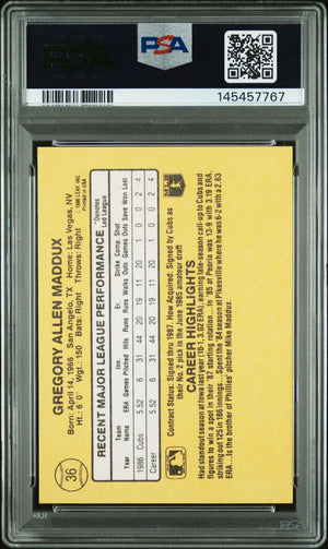 Greg Maddux 1987 Donruss Rated Rookie Chicago Cubs Signed Baseball RC Rookie Card #36 Graded PSA 8 Auto 10 Cert #145457767-Powers Sports Memorabilia