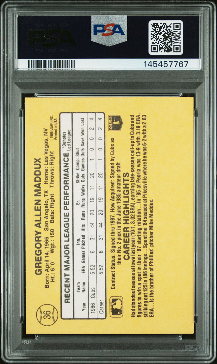 Greg Maddux 1987 Donruss Rated Rookie Chicago Cubs Signed Baseball RC Rookie Card #36 Graded PSA 8 Auto 10 Cert #145457767-Powers Sports Memorabilia