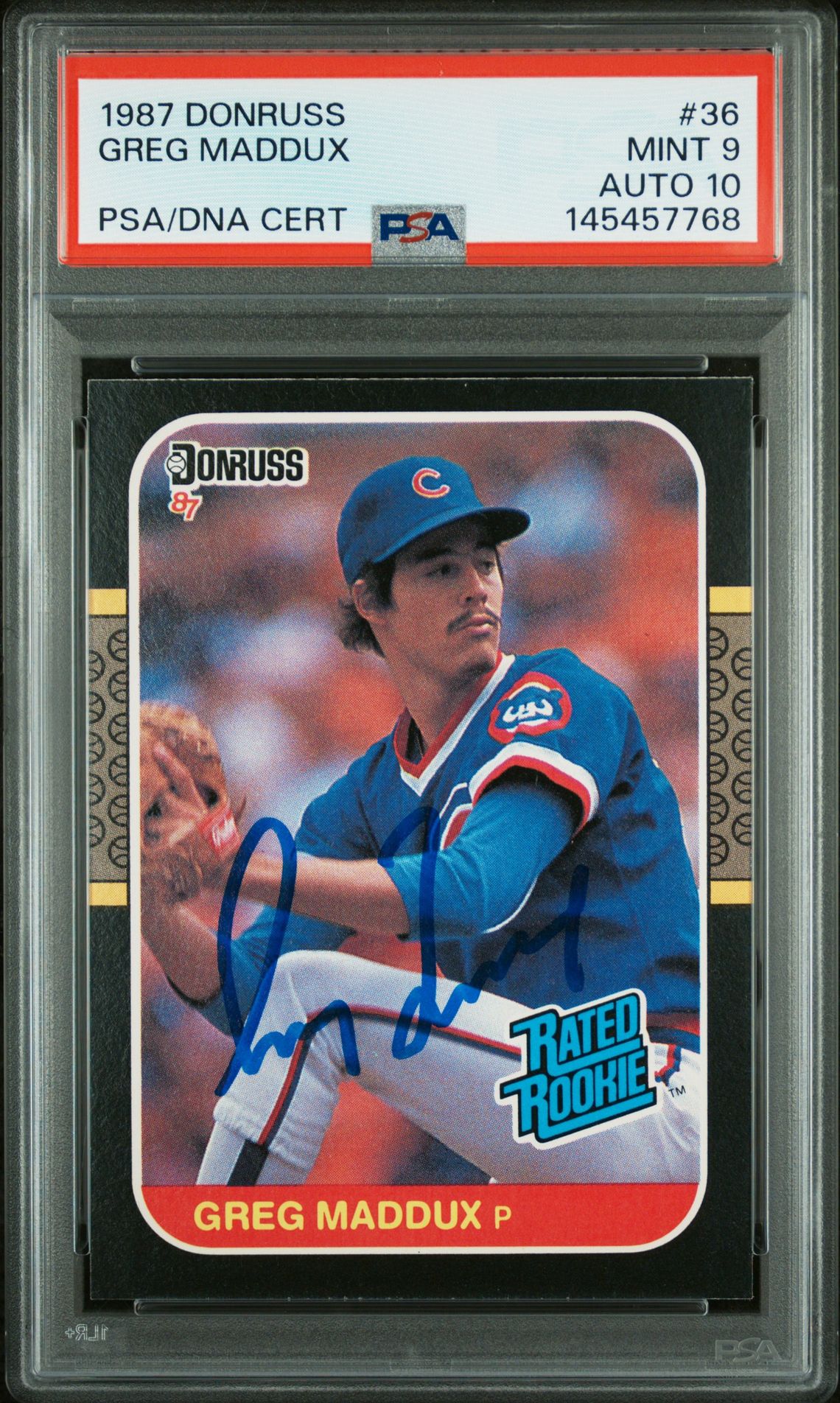 Greg Maddux 1987 Donruss Rated Rookie Chicago Cubs Signed Baseball RC Rookie Card #36 Graded PSA 9 Auto 10 Cert #145457768-Powers Sports Memorabilia