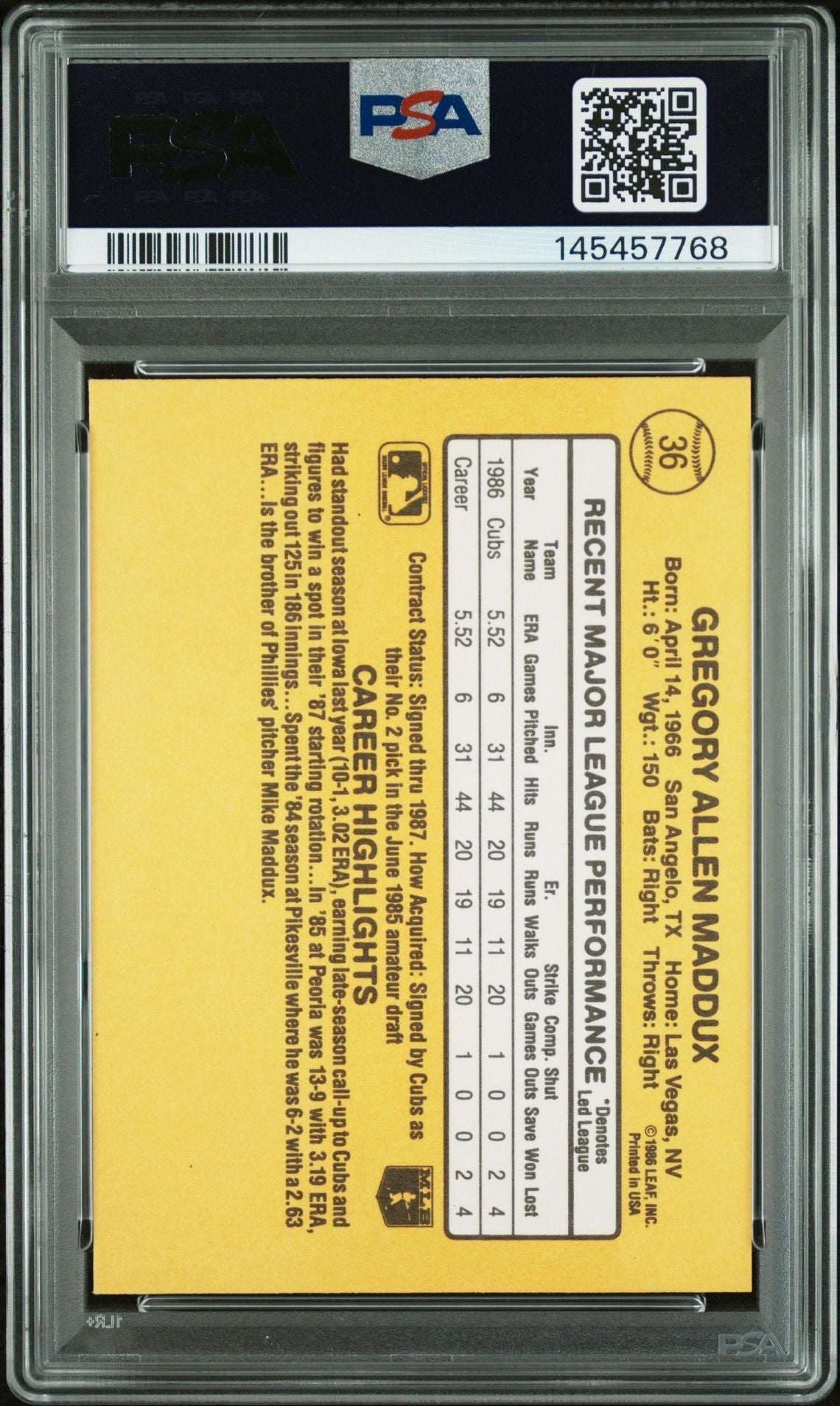Greg Maddux 1987 Donruss Rated Rookie Chicago Cubs Signed Baseball RC Rookie Card #36 Graded PSA 9 Auto 10 Cert #145457768-Powers Sports Memorabilia