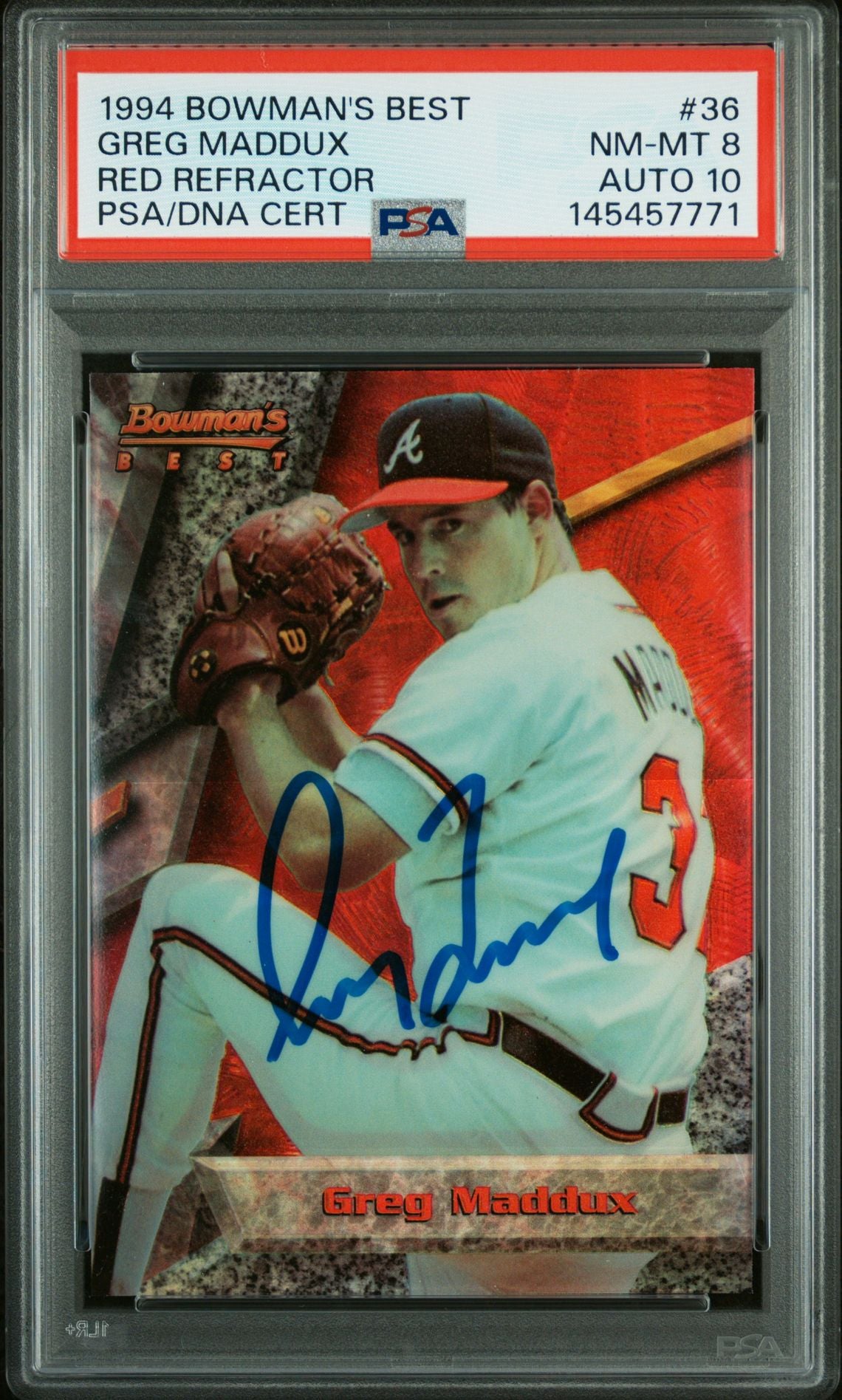 Greg Maddux 1994 Bowman's Best Red Refractor Atlanta Braves Signed Baseball Card #36 Graded PSA 8 Auto 10 Cert #145457771-Powers Sports Memorabilia
