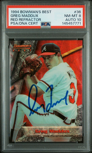 Greg Maddux 1994 Bowman's Best Red Refractor Atlanta Braves Signed Baseball Card #36 Graded PSA 8 Auto 10 Cert #145457771-Powers Sports Memorabilia