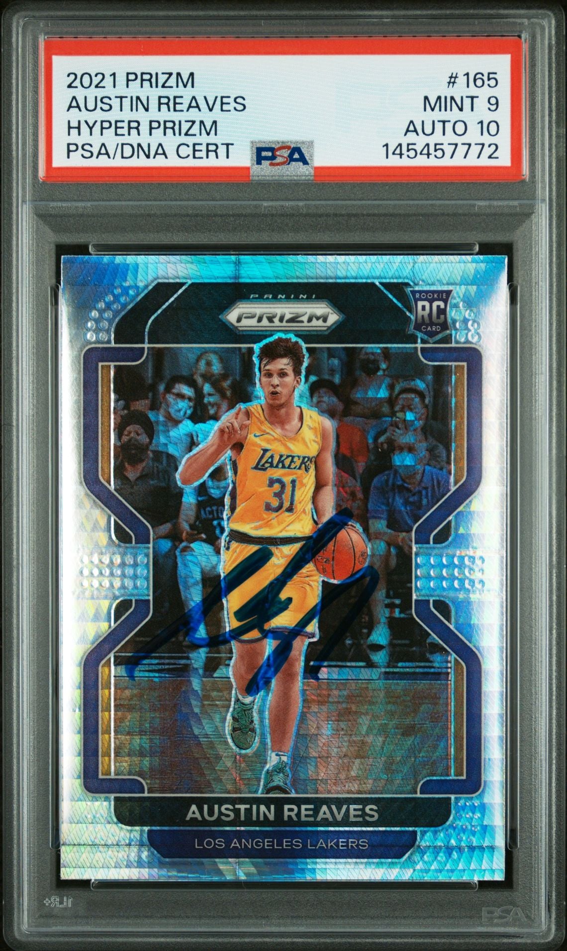 Austin Reaves 2021 Panini Prizm Hyper Prizm Los Angeles Lakers Signed Basketball RC Rookie Card #165 Graded PSA 9 Auto 10 Cert #145457772-Powers Sports Memorabilia