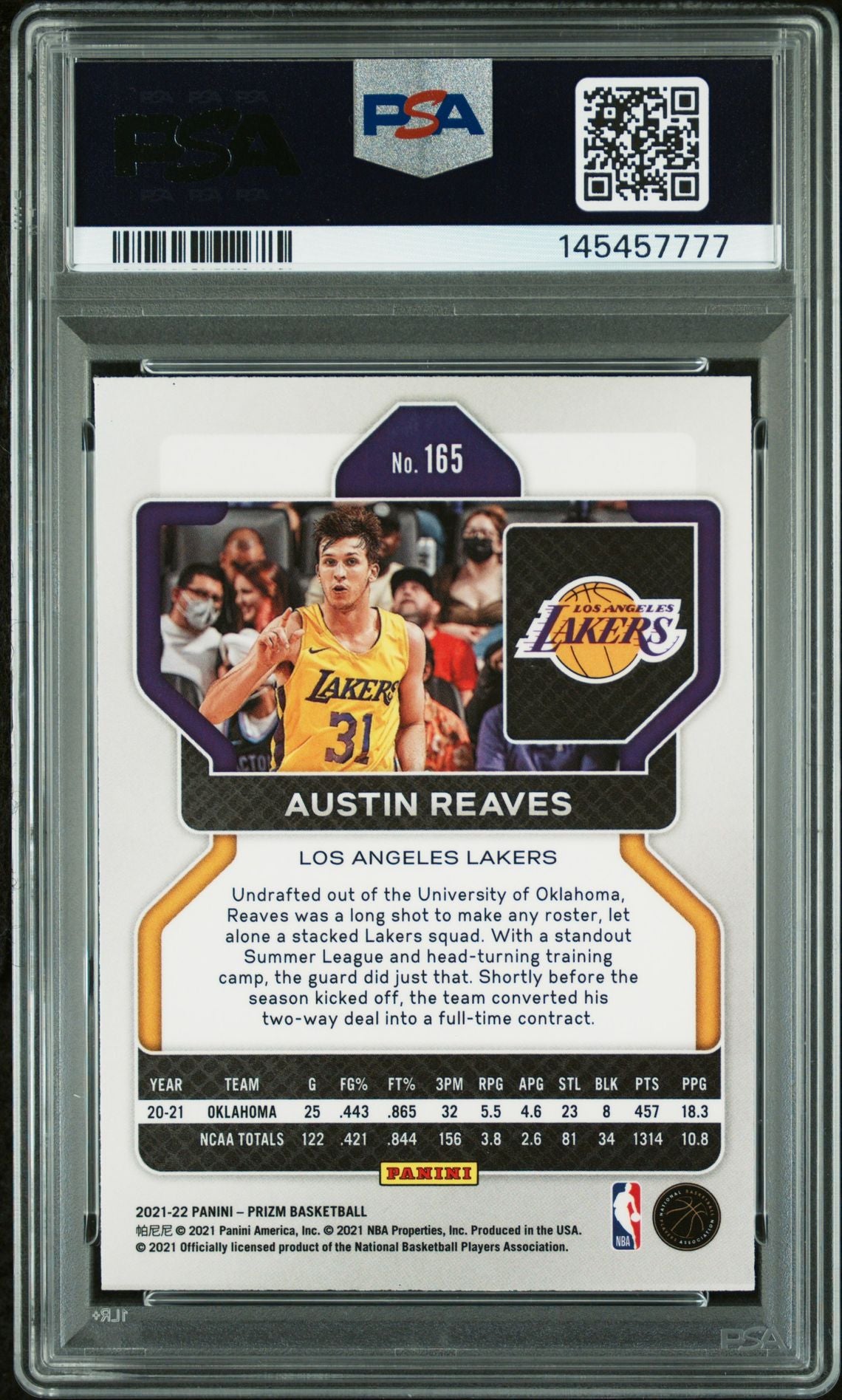 Austin Reaves 2021 Panini Prizm Los Angeles Lakers Signed Basketball RC Rookie Card #165 Graded PSA 9 Auto 10 Cert #145457777-Powers Sports Memorabilia