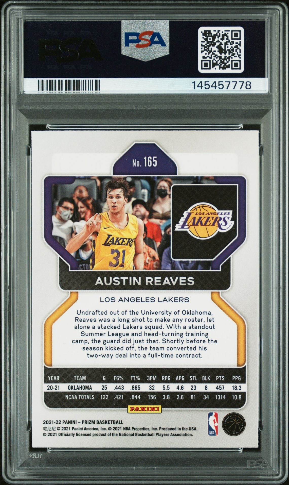 Austin Reaves 2021 Panini Prizm Los Angeles Lakers Signed Basketball RC Rookie Card #165 Graded PSA 4 Auto 10 Cert #145457778-Powers Sports Memorabilia