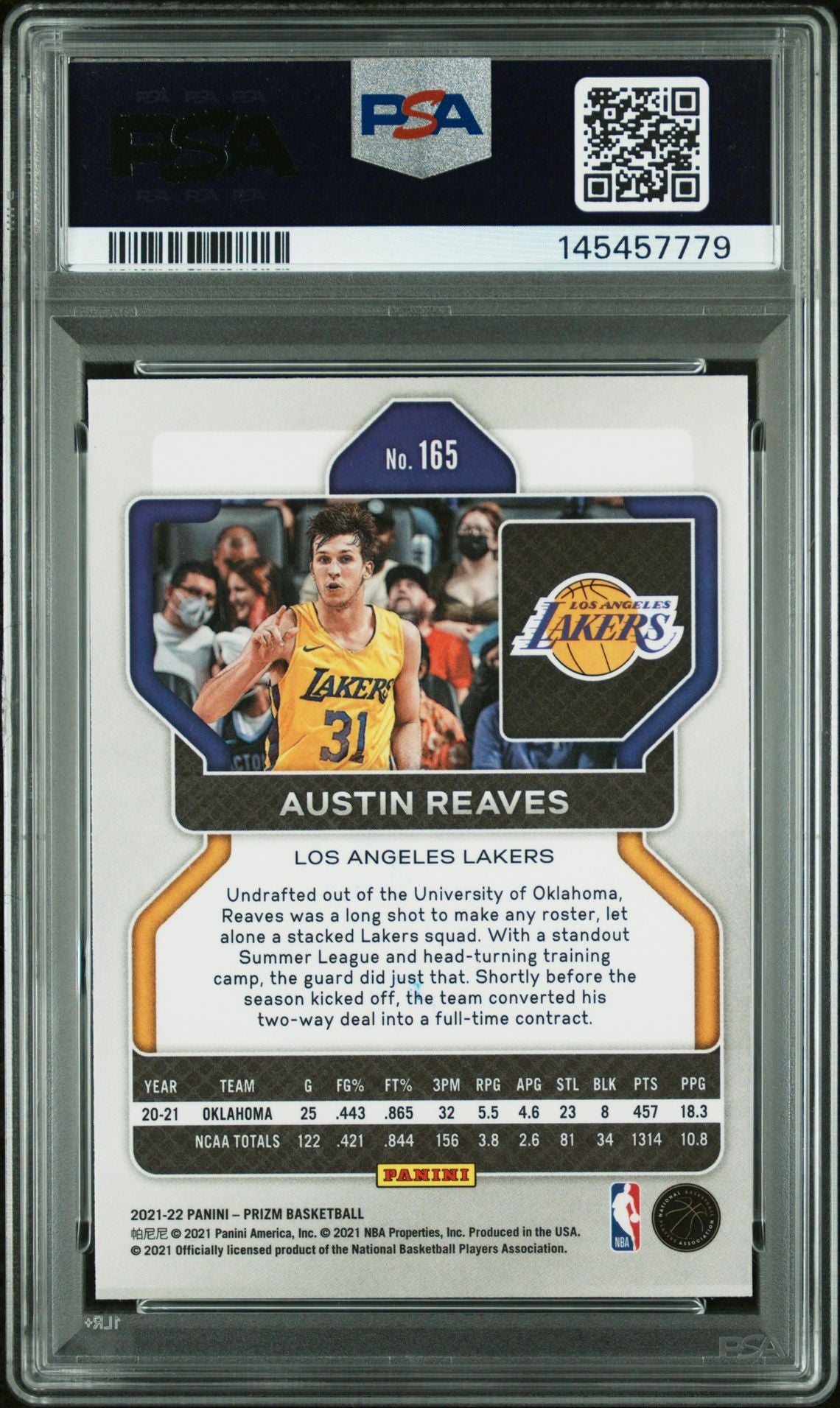 Austin Reaves 2021 Panini Prizm Los Angeles Lakers Signed Basketball RC Rookie Card #165 Graded PSA 9 Auto 9 Cert #145457779-Powers Sports Memorabilia