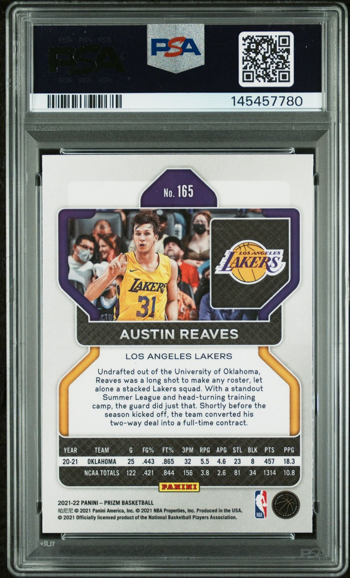 Austin Reaves 2021 Panini Prizm Los Angeles Lakers Signed Basketball RC Rookie Card #165 Graded PSA 7 Auto 9 Cert #145457780-Powers Sports Memorabilia