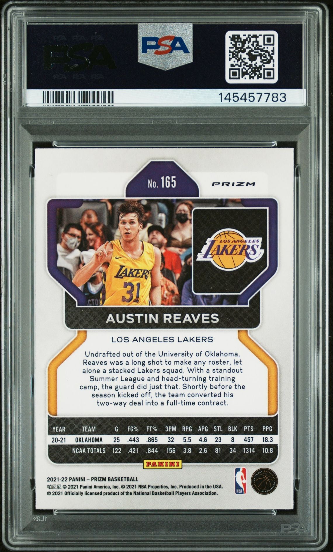 Austin Reaves 2021 Panini Prizm Factory Set Los Angeles Lakers Signed Basketball RC Rookie Card #165 Graded PSA 9 Auto 10 Cert #145457783-Powers Sports Memorabilia