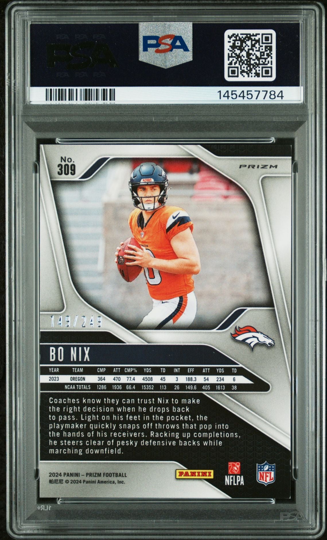 Bo Nix 2024 Panini Prizm Orange Prizm Denver Broncos Signed Football RC Rookie Card #309 149/249 Graded PSA 8 Auto 8 Cert #145457784-Powers Sports Memorabilia