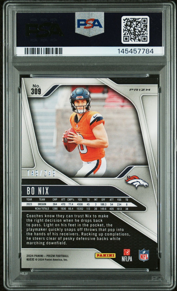 Bo Nix 2024 Panini Prizm Orange Prizm Denver Broncos Signed Football RC Rookie Card #309 149/249 Graded PSA 8 Auto 8 Cert #145457784-Powers Sports Memorabilia