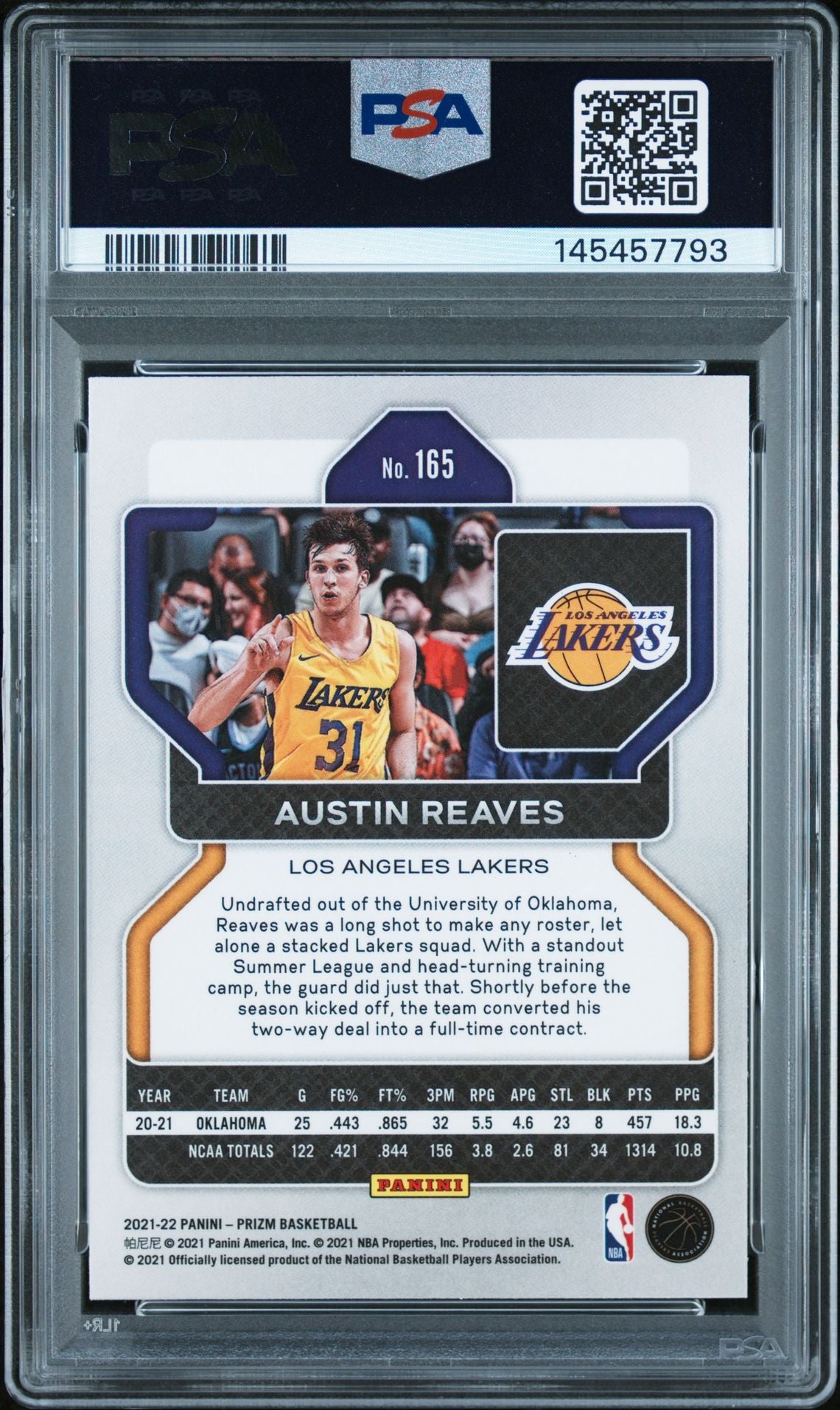Austin Reaves 2021 Panini Prizm Basketball Signed Rookie Card #165 Graded Authentic Auto 9 Cert #145457793-Powers Sports Memorabilia