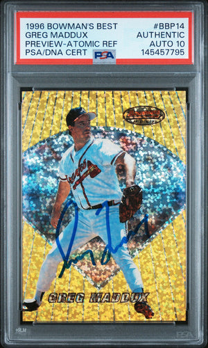 Greg Maddux 1996 Bowmans Best Preview Atomic Refractor Signed Baseball Card #BBP14 Graded PSA Authentic Auto 10 Cert #145457795-Powers Sports Memorabilia
