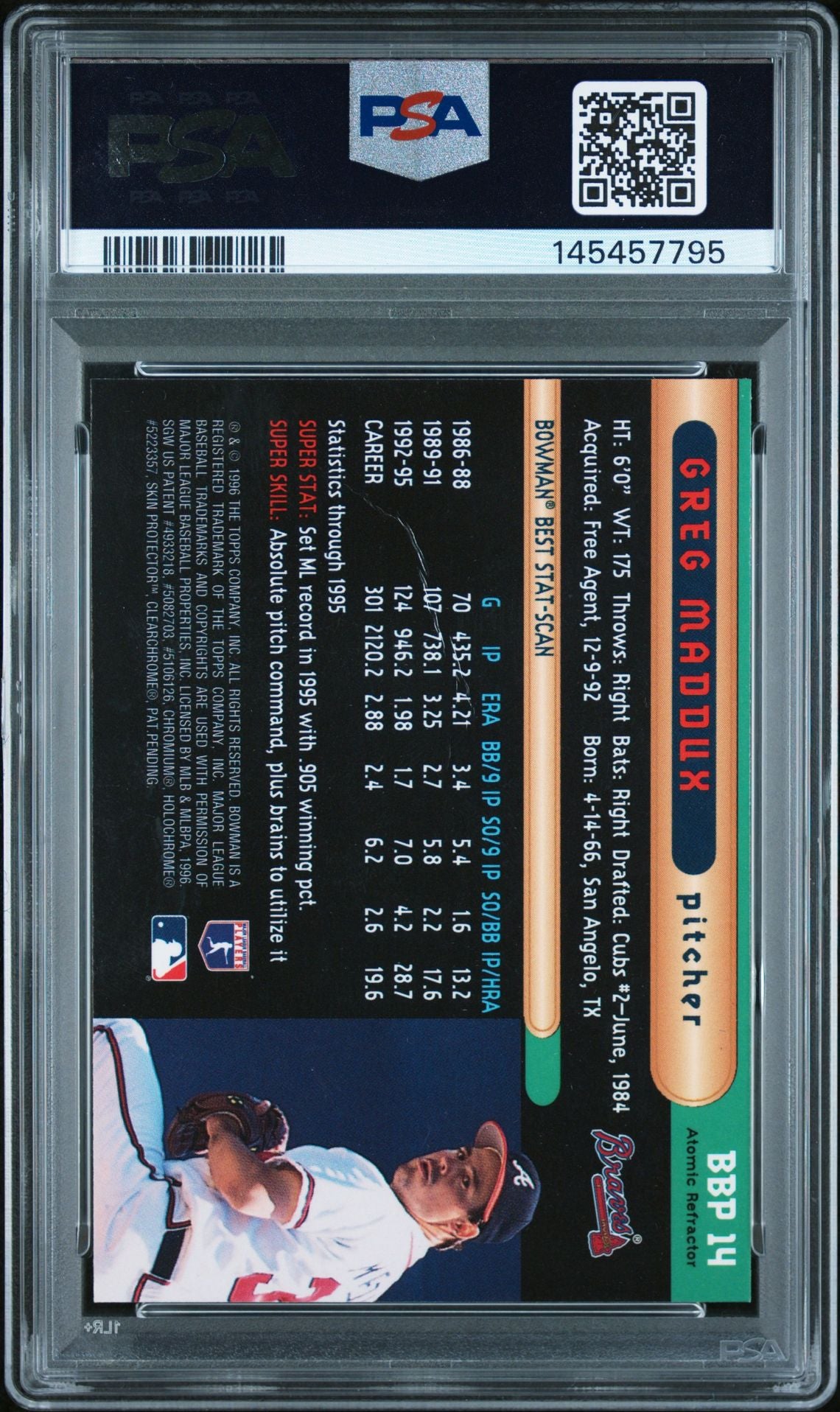 Greg Maddux 1996 Bowmans Best Preview Atomic Refractor Signed Baseball Card #BBP14 Graded PSA Authentic Auto 10 Cert #145457795-Powers Sports Memorabilia