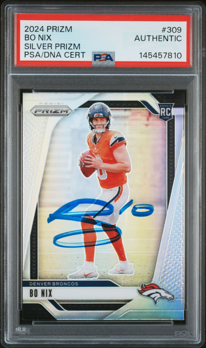Bo Nix 2024 Panini Prizm Silver Signed Football Rookie Card #309 Graded PSA Authentic Auto Cert #145457810-Powers Sports Memorabilia