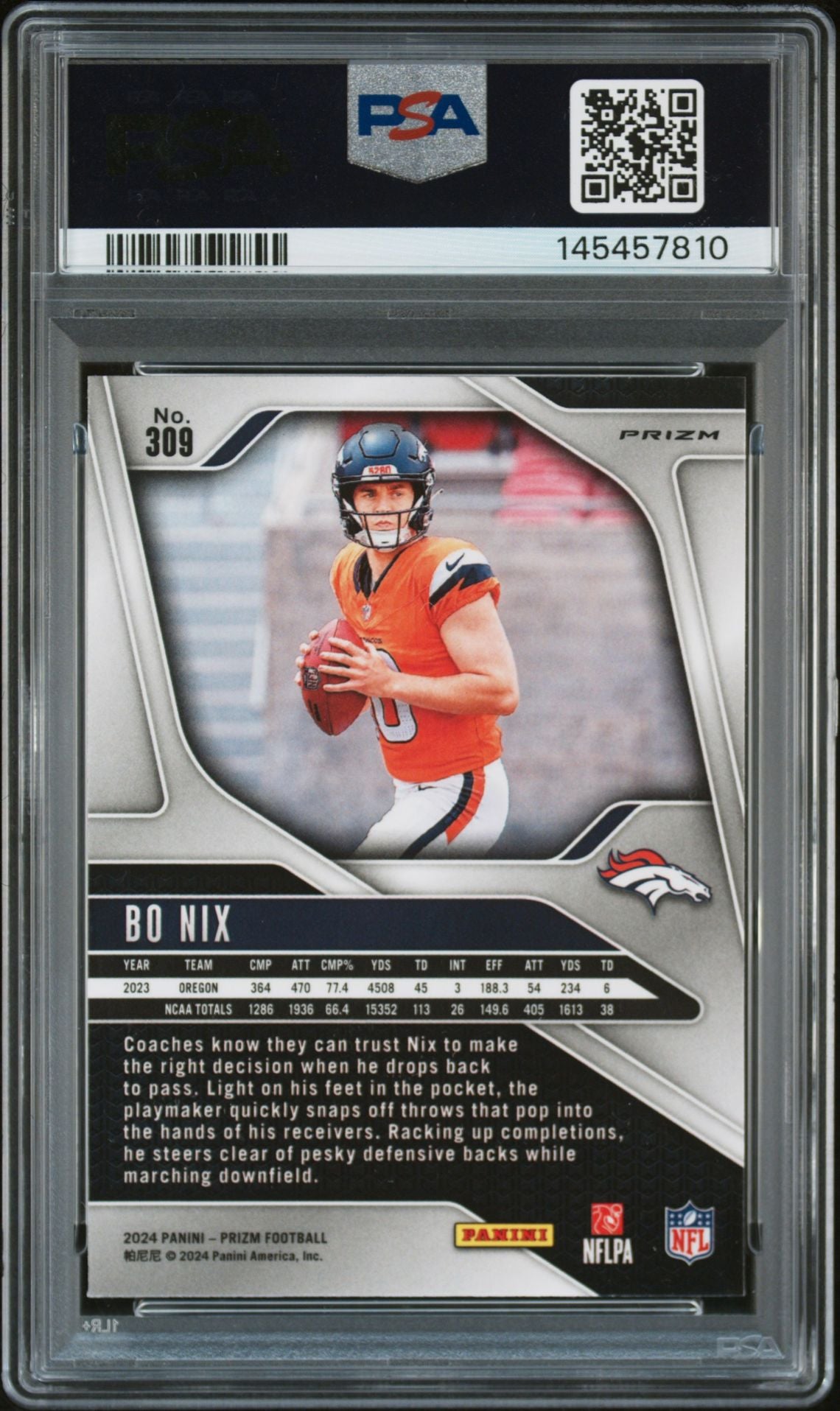 Bo Nix 2024 Panini Prizm Silver Signed Football Rookie Card #309 Graded PSA Authentic Auto Cert #145457810-Powers Sports Memorabilia