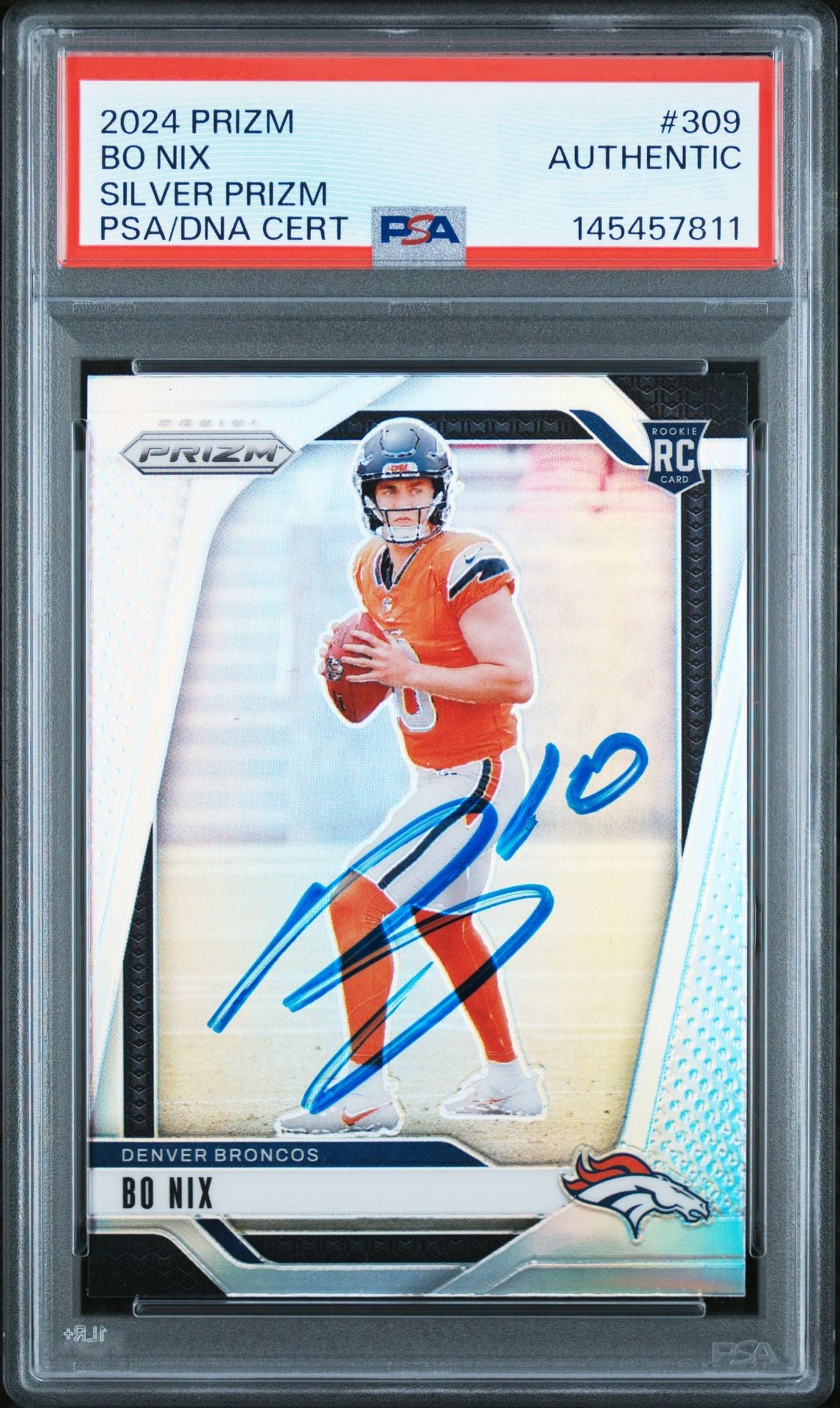 Bo Nix 2024 Panini Prizm Silver Signed Football Rookie Card #309 Graded PSA Authentic Auto Cert #145457811-Powers Sports Memorabilia