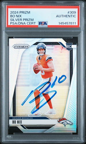 Bo Nix 2024 Panini Prizm Silver Signed Football Rookie Card #309 Graded PSA Authentic Auto Cert #145457811-Powers Sports Memorabilia