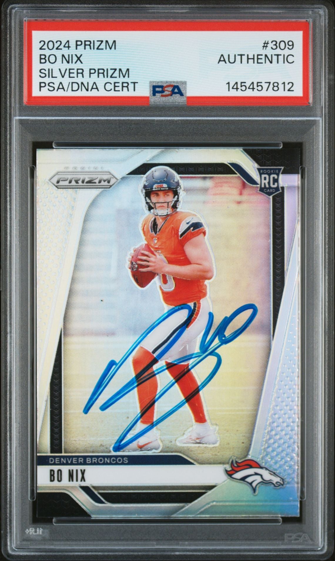 Bo Nix 2024 Panini Prizm Silver Signed Football Rookie Card #309 Graded PSA Authentic Auto Cert #145457812-Powers Sports Memorabilia