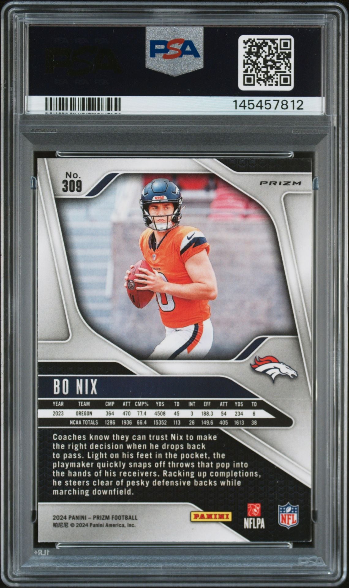 Bo Nix 2024 Panini Prizm Silver Signed Football Rookie Card #309 Graded PSA Authentic Auto Cert #145457812-Powers Sports Memorabilia