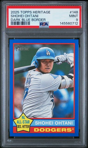 Shohei Ohtani 2025 Topps Heritage Los Angeles Dodgers Baseball Card #148 Dark Blue Border Graded PSA 9 Cert #145560712-Powers Sports Memorabilia
