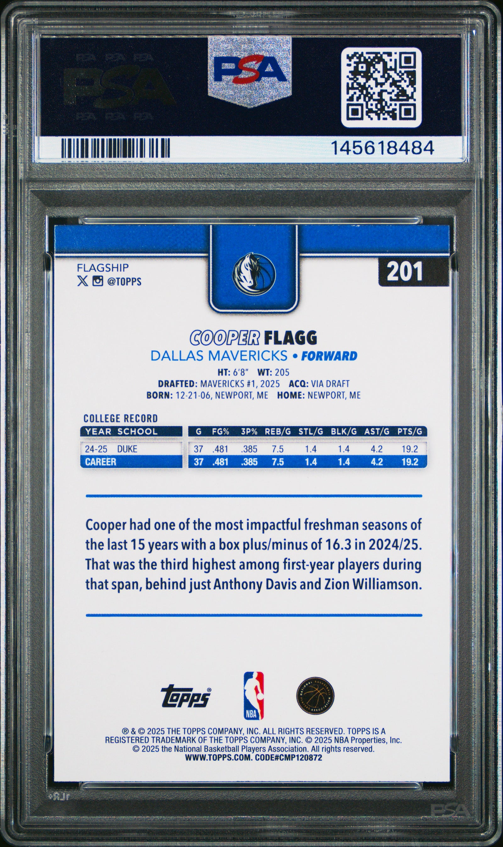 Cooper Flagg 2025 Topps Basketball Rookie Card #201 Graded PSA 9 Cert #145618484-Powers Sports Memorabilia