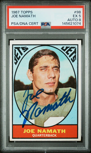 Joe Namath 1967 Topps New York Jets Signed Football Card #98 Graded PSA 5 Auto 8 Cert #145621074-Powers Sports Memorabilia