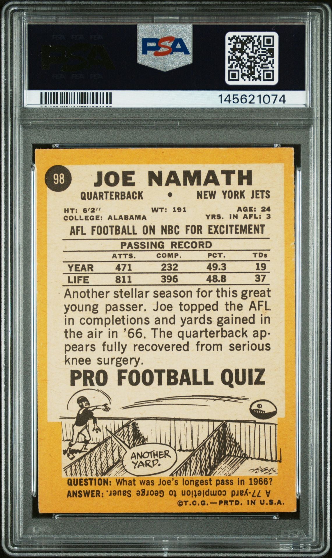 Joe Namath 1967 Topps New York Jets Signed Football Card #98 Graded PSA 5 Auto 8 Cert #145621074-Powers Sports Memorabilia