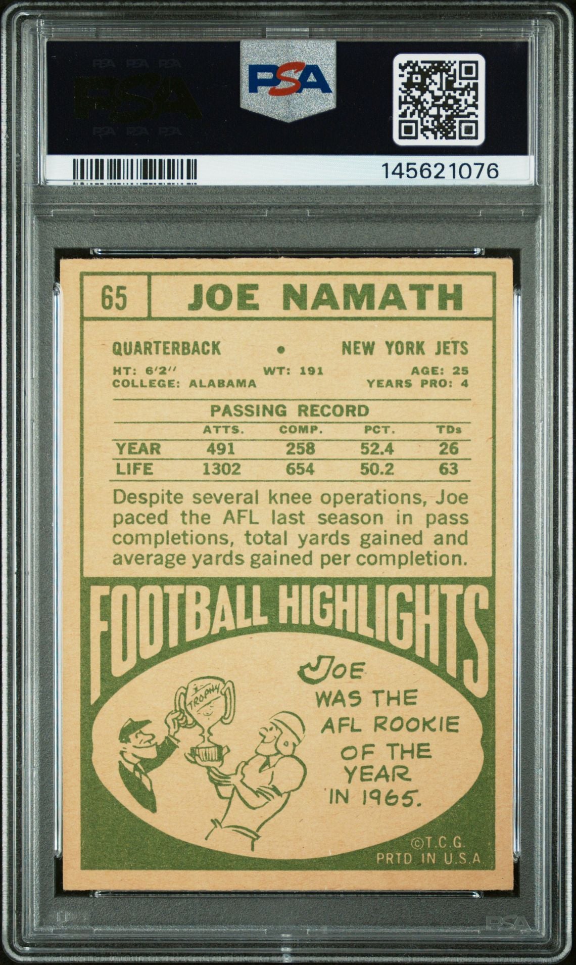 Joe Namath 1968 Topps New York Jets Signed Football Card #65 Graded PSA 4 Auto 7 Cert #145621076-Powers Sports Memorabilia
