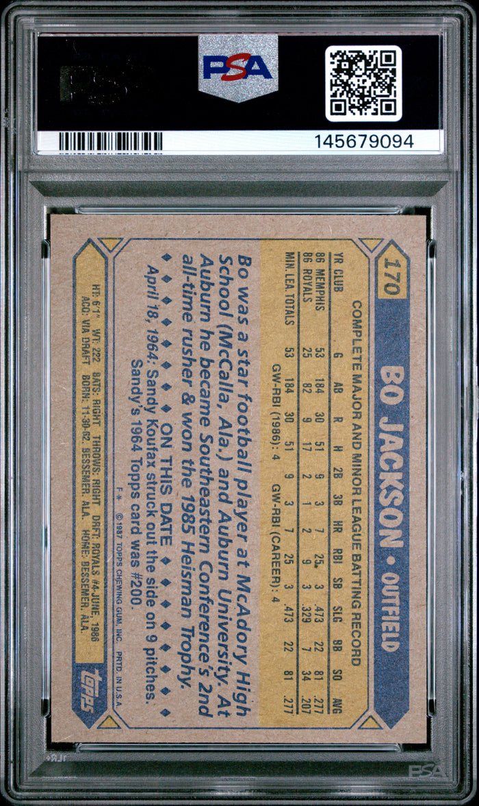 Bo Jackson 1987 Topps Future Stars Kansas City Royals Baseball RC Rookie Card #170 Graded PSA 8 Cert #145679094-Powers Sports Memorabilia