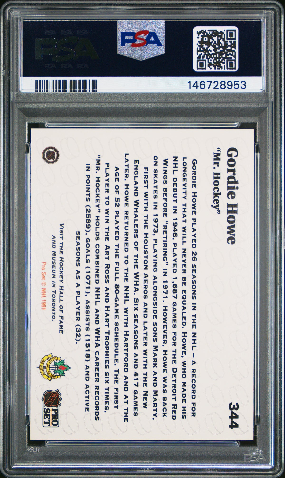 Gordie Howe 1991 Pro Set Hockey Card #344 Graded PSA 10 Cert #146728953-Powers Sports Memorabilia