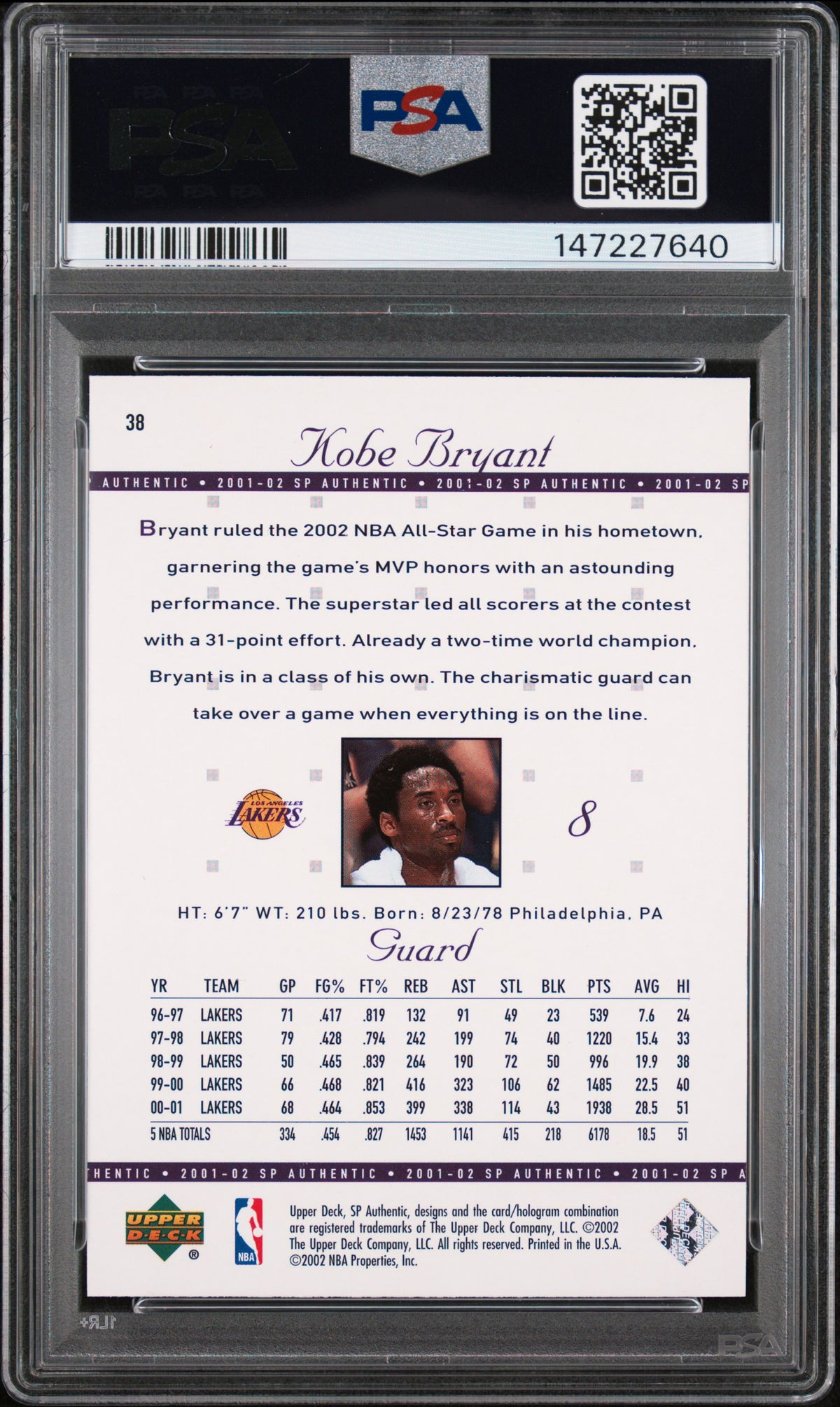 Kobe Bryant 2001 SP Authentic Los Angeles Lakers Basketball Card #38 Graded PSA 10 Cert #147227640-Powers Sports Memorabilia