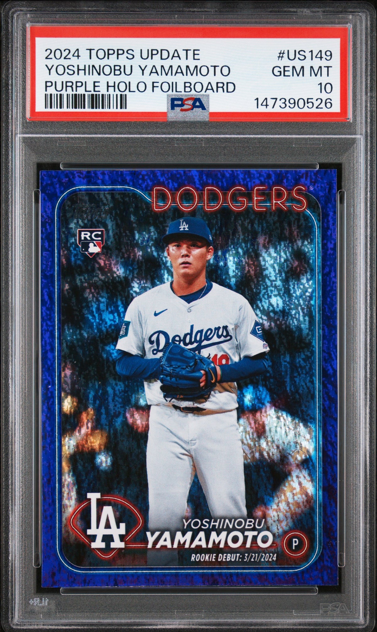 Yoshinobu Yamamoto 2024 Topps Update Purple Holo Foilboard Los Angeles Dodgers Baseball RC Rookie Card #US149 Serial #104/799 Graded PSA 10 Cert #147390526-Powers Sports Memorabilia
