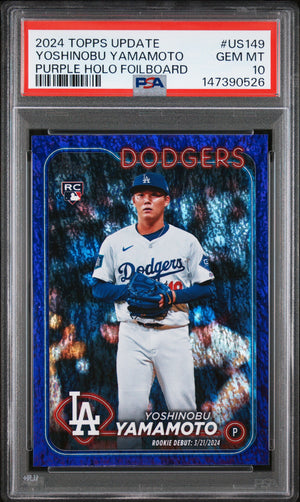 Yoshinobu Yamamoto 2024 Topps Update Purple Holo Foilboard Los Angeles Dodgers Baseball RC Rookie Card #US149 Serial #104/799 Graded PSA 10 Cert #147390526-Powers Sports Memorabilia