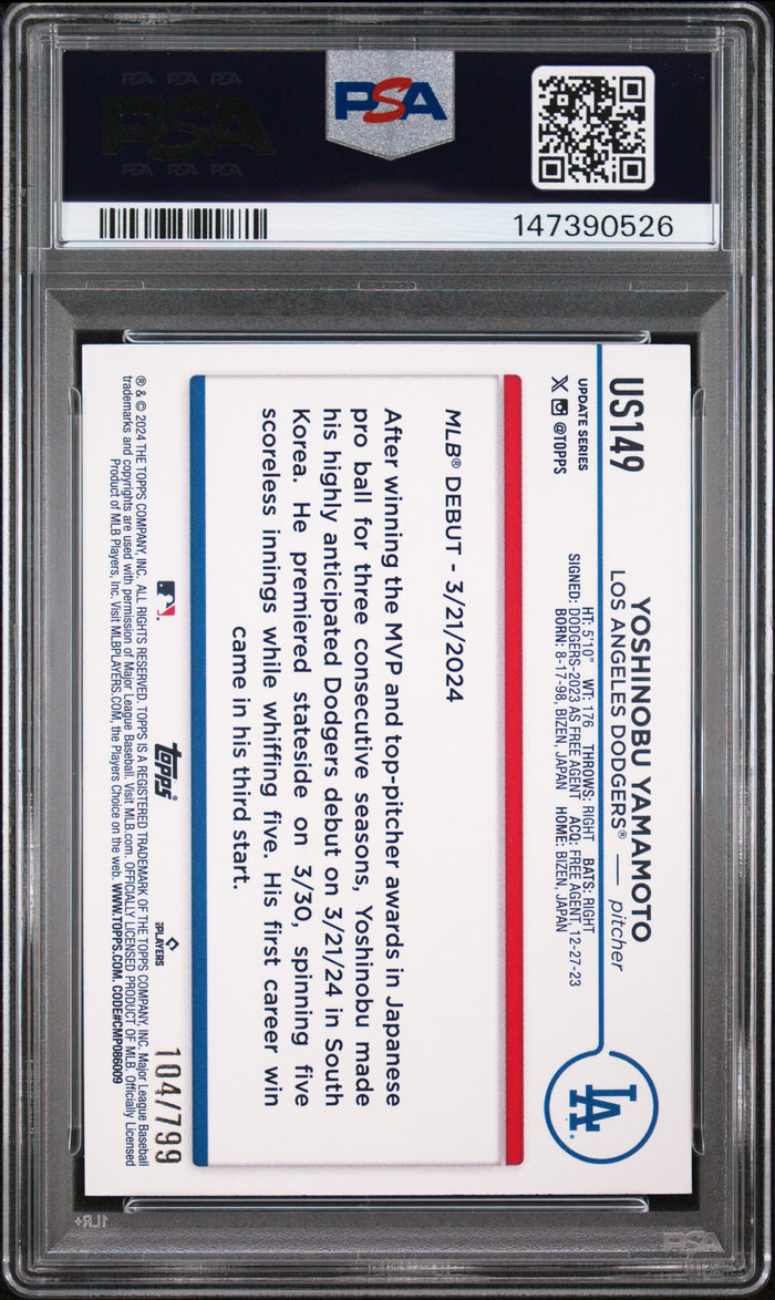 Yoshinobu Yamamoto 2024 Topps Update Purple Holo Foilboard Los Angeles Dodgers Baseball RC Rookie Card #US149 Serial #104/799 Graded PSA 10 Cert #147390526-Powers Sports Memorabilia