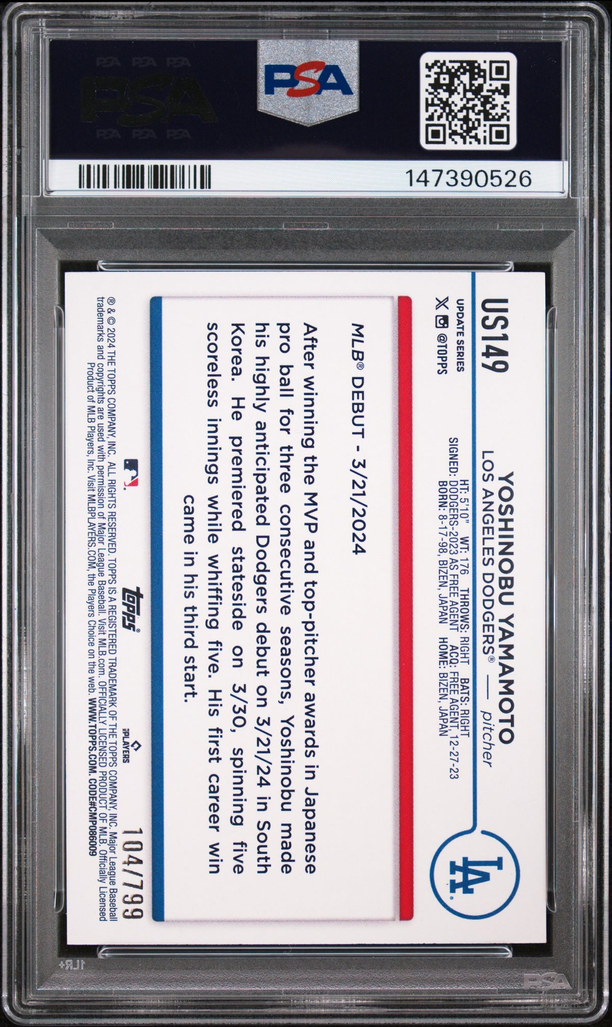 Yoshinobu Yamamoto 2024 Topps Update Purple Holo Foilboard Los Angeles Dodgers Baseball RC Rookie Card #US149 Serial #104/799 Graded PSA 10 Cert #147390526-Powers Sports Memorabilia