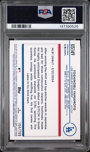 Yoshinobu Yamamoto 2024 Topps Update Purple Holo Foilboard Los Angeles Dodgers Baseball RC Rookie Card #US149 Serial #104/799 Graded PSA 10 Cert #147390526-Powers Sports Memorabilia